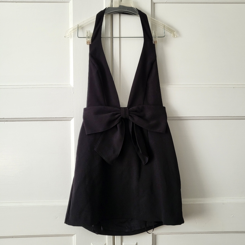 Anthropologie Maeve Black Bow Halter Backless Pinafore Size 2P